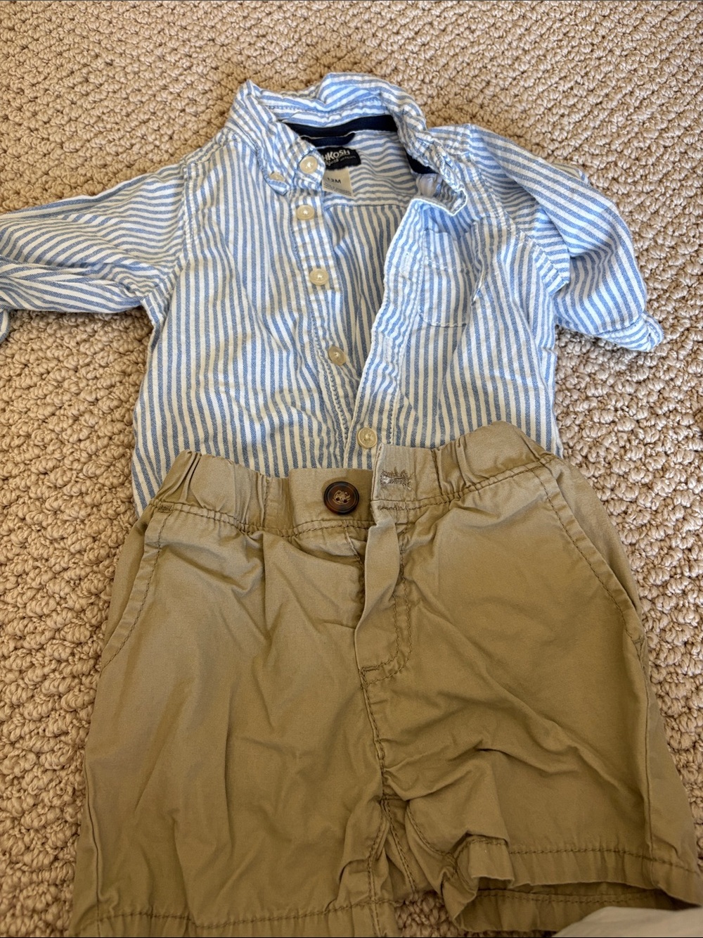 Baby Blue Striped Button-Up Shirt with Khaki Shorts Outfit 12 Months